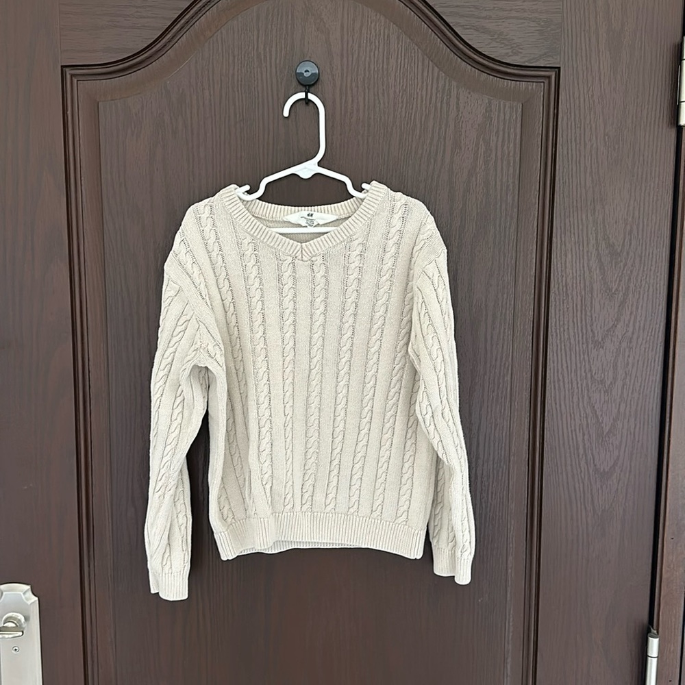 H&M Boys White Cable Knit V-Neck Sweater 6X/7 100% Cotton Classic Casual